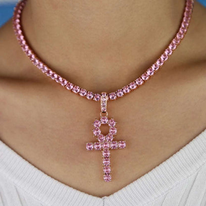 CZ Pink Ankh Pendant with Tennis Necklace - Uniquely You Online - Pendant with Necklace