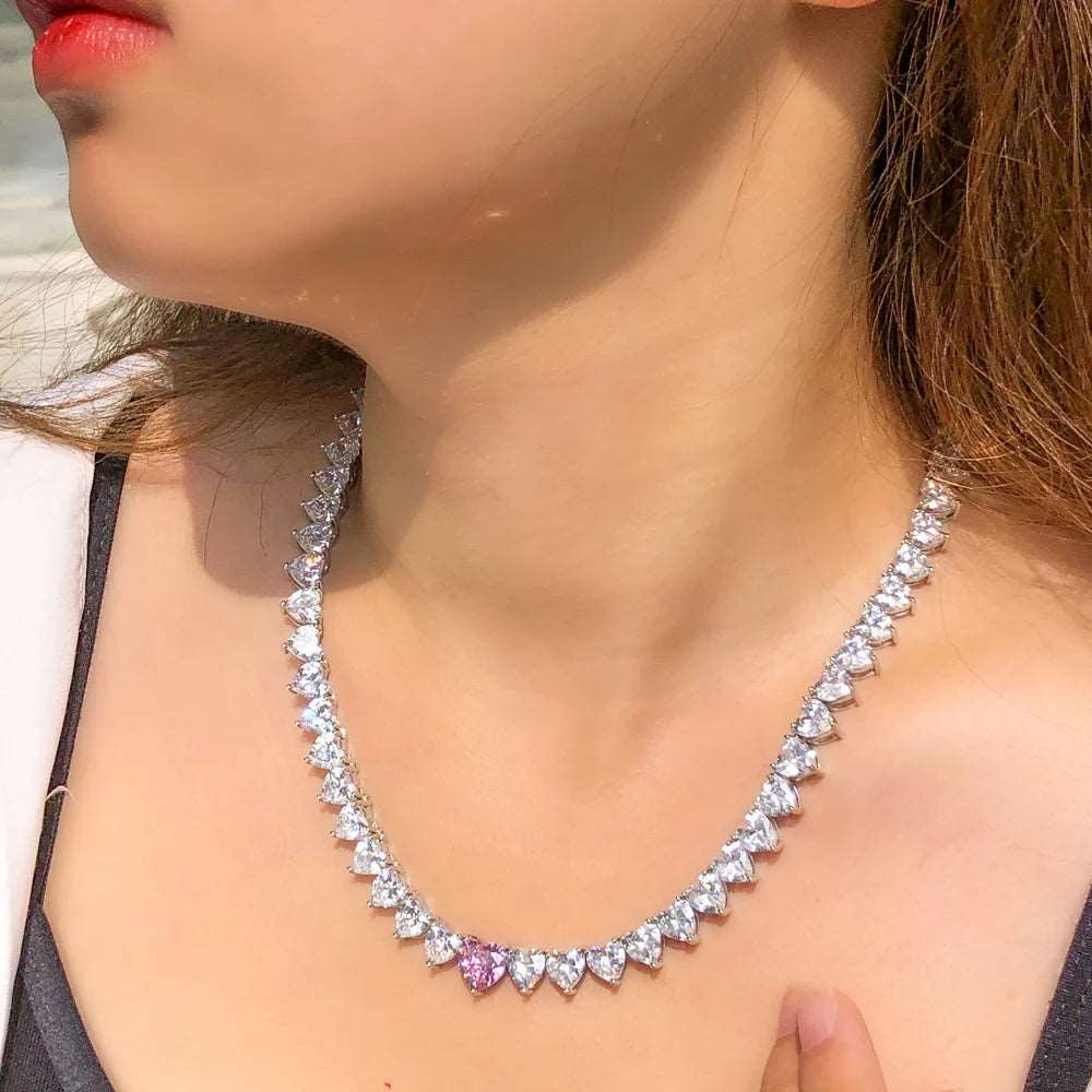 CZ Sparkling Pink Heart Tennis Necklace - Uniquely You Online - Necklace