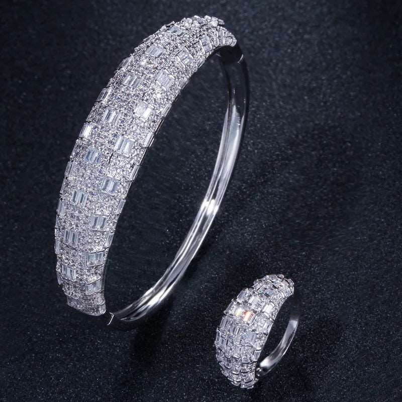 CZ Wide Baguette Bangle and Ring Set - Uniquely You Online - Ring and Bracelet