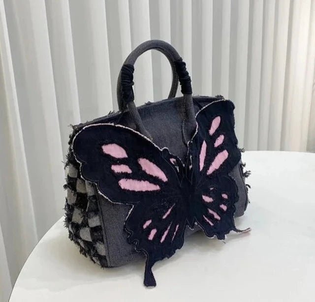 Denim Butterfly Checkered Bag - Uniquely You Online - Handbag