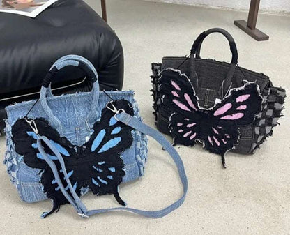 Denim Butterfly Checkered Bag - Uniquely You Online - Handbag