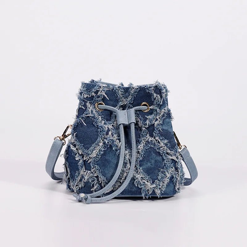 Denim Distressed Lattice Bucket Bag - Uniquely You Online - Crossbody