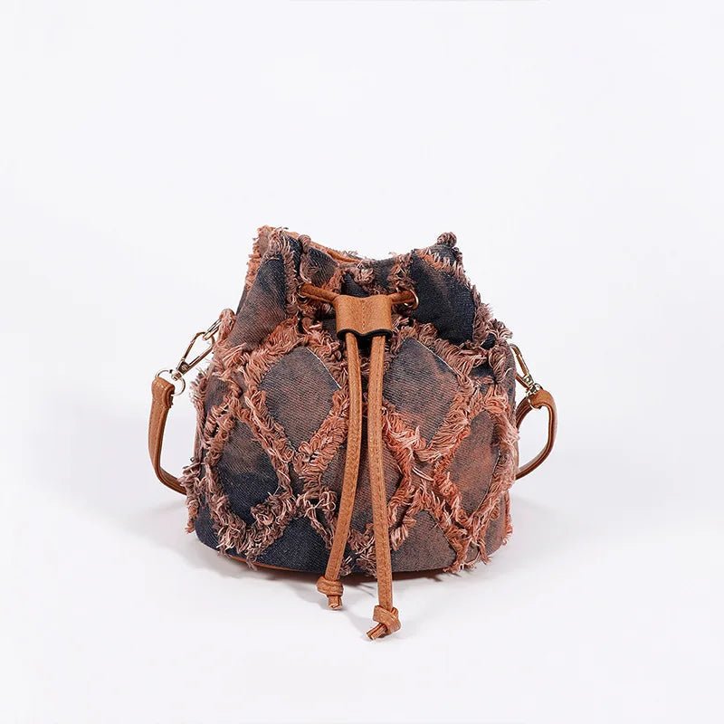 Denim Distressed Lattice Bucket Bag - Uniquely You Online - Crossbody