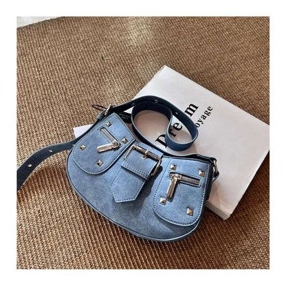 Denim Leather Rivet Crescent Bag - Uniquely You Online - Handbag