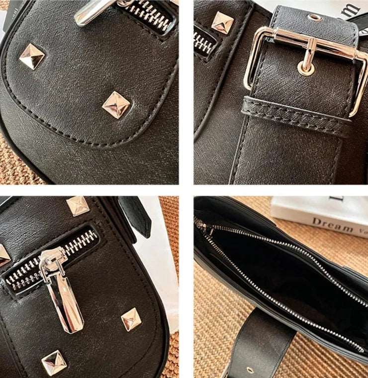 Denim Leather Rivet Crescent Bag - Uniquely You Online - Handbag