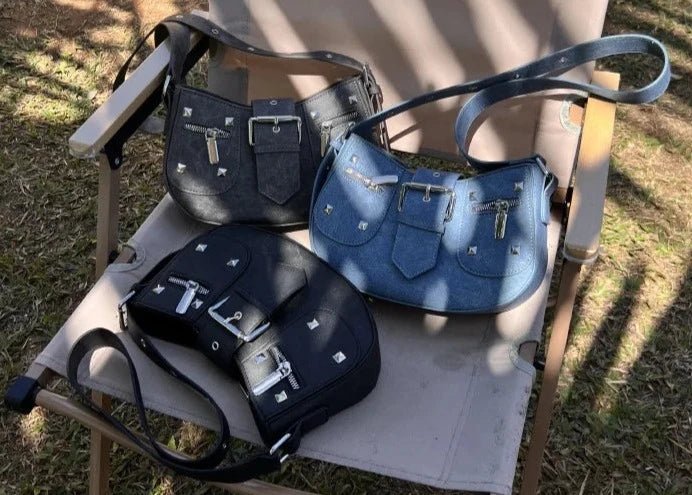 Denim Leather Rivet Crescent Bag - Uniquely You Online - Handbag