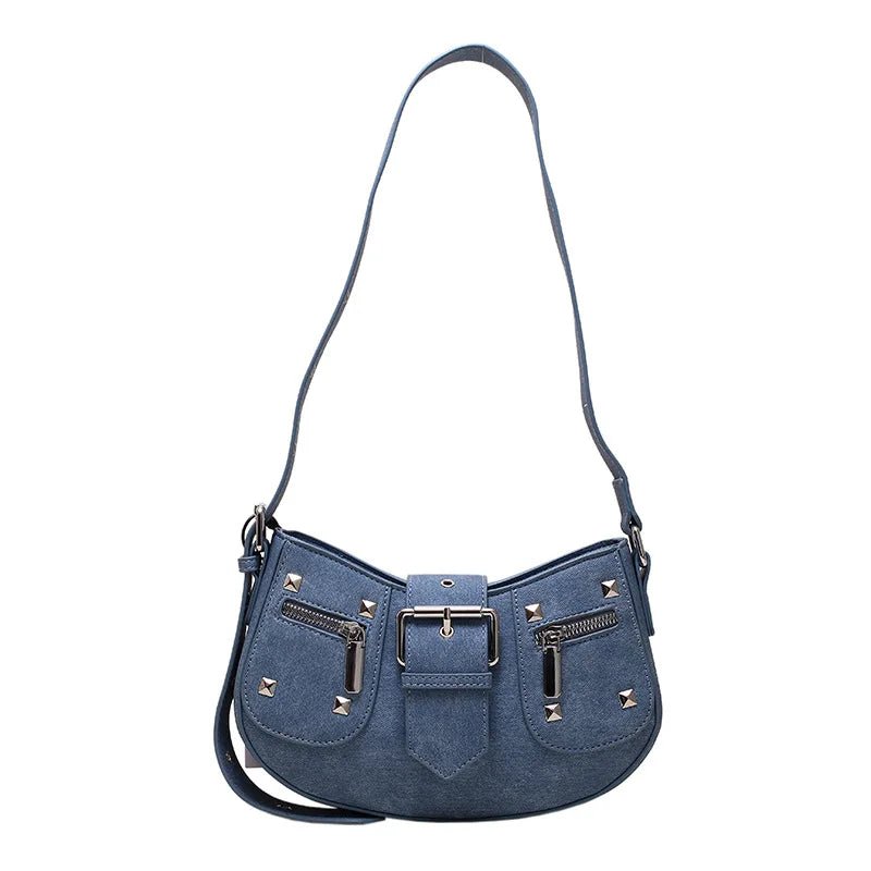 Denim Leather Rivet Crescent Bag - Uniquely You Online - Handbag