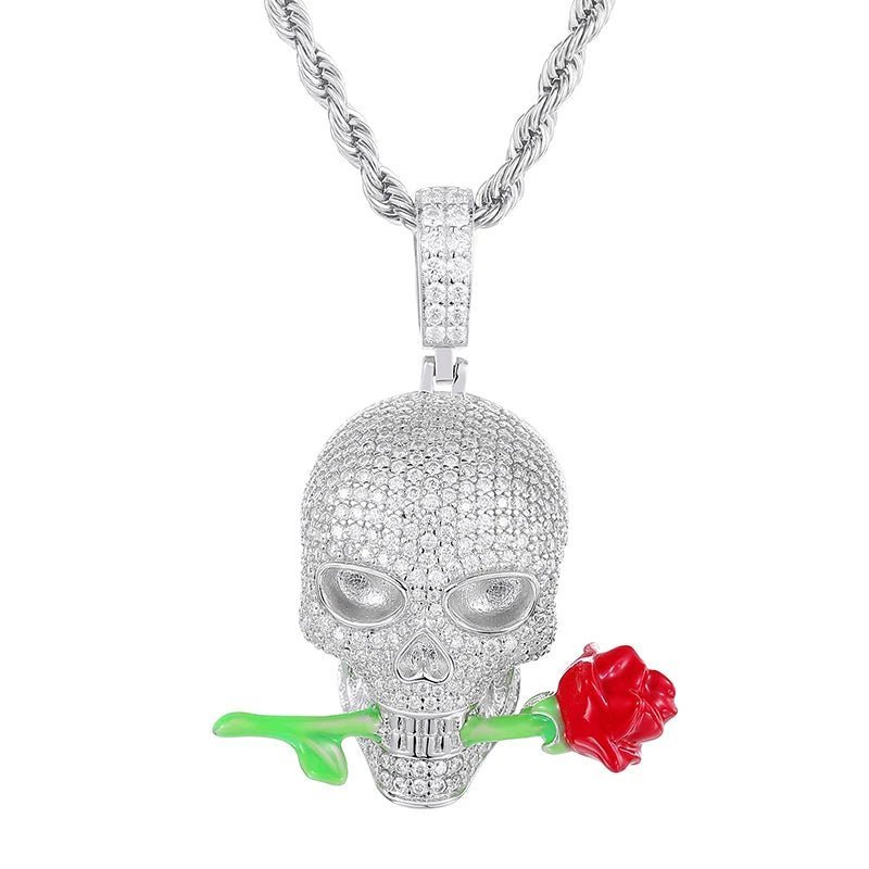 Glow-in-the-Dark Moissanite Skull and Rose Pendant - Uniquely You Online - Pendant