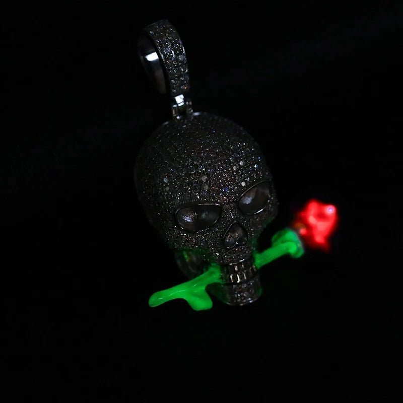 Glow-in-the-Dark Moissanite Skull and Rose Pendant - Uniquely You Online - Pendant