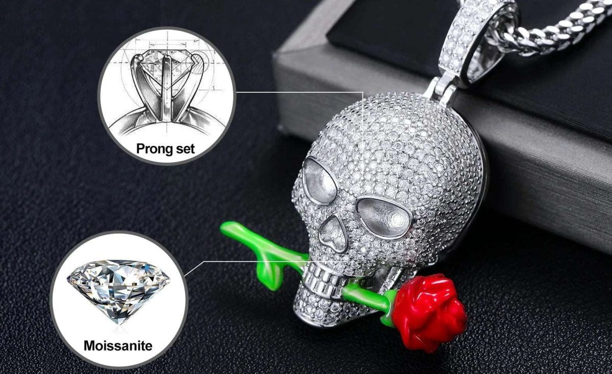 Glow-in-the-Dark Moissanite Skull and Rose Pendant - Uniquely You Online - Pendant