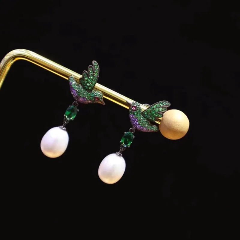 Green/Purple Bird with Natural Pearl Drop Stud Earrings - Uniquely You Online - Earrings