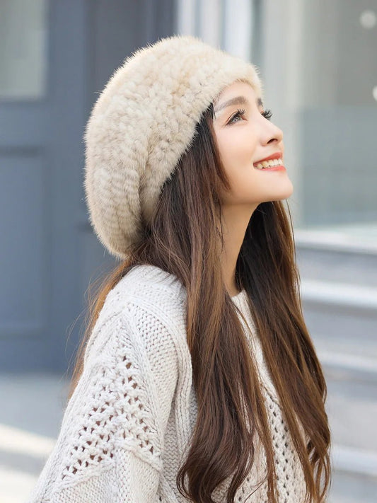 Knitted Lux Mink Fur Beret Hat - Uniquely You Online - Hat