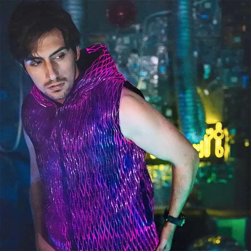 Led Fiber Optic Wave Sleeveless Hoodie - Uniquely You Online - Hoodie